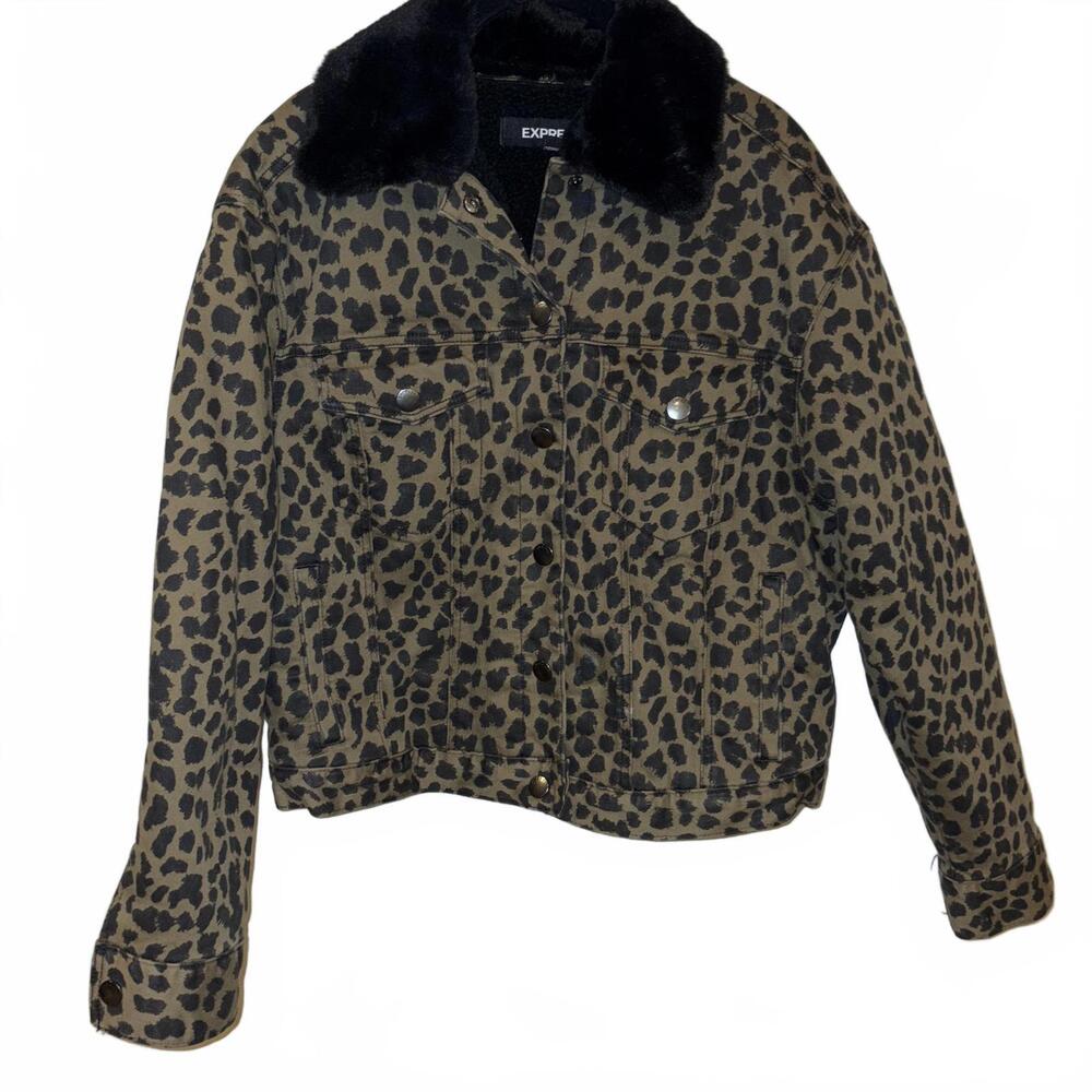 Express Leopard Fur Collar Sherpa Lined Denim Jack